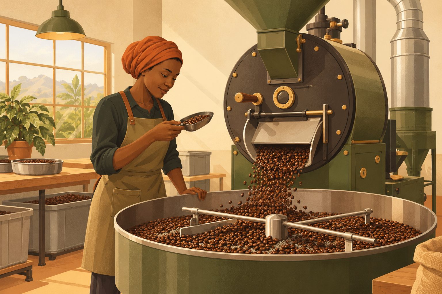 Inside a small modern roastery, a drum roaster pours freshly roasted brown beans into its cooling tray while a roaster checks their colour in a scoop.