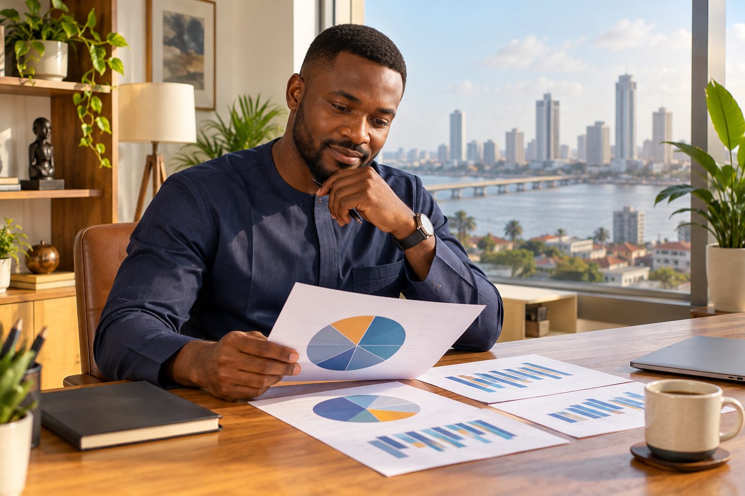 A man looks over savings and investment papers at a desk in morning light.