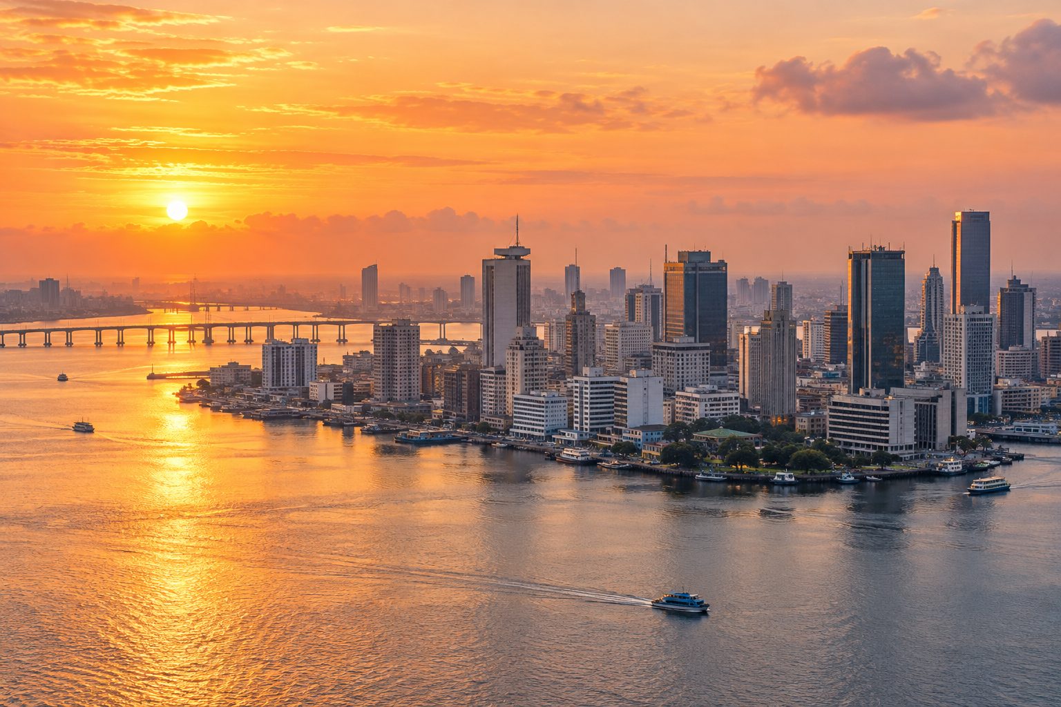 The Lagos Island skyline and lagoon at sunrise.