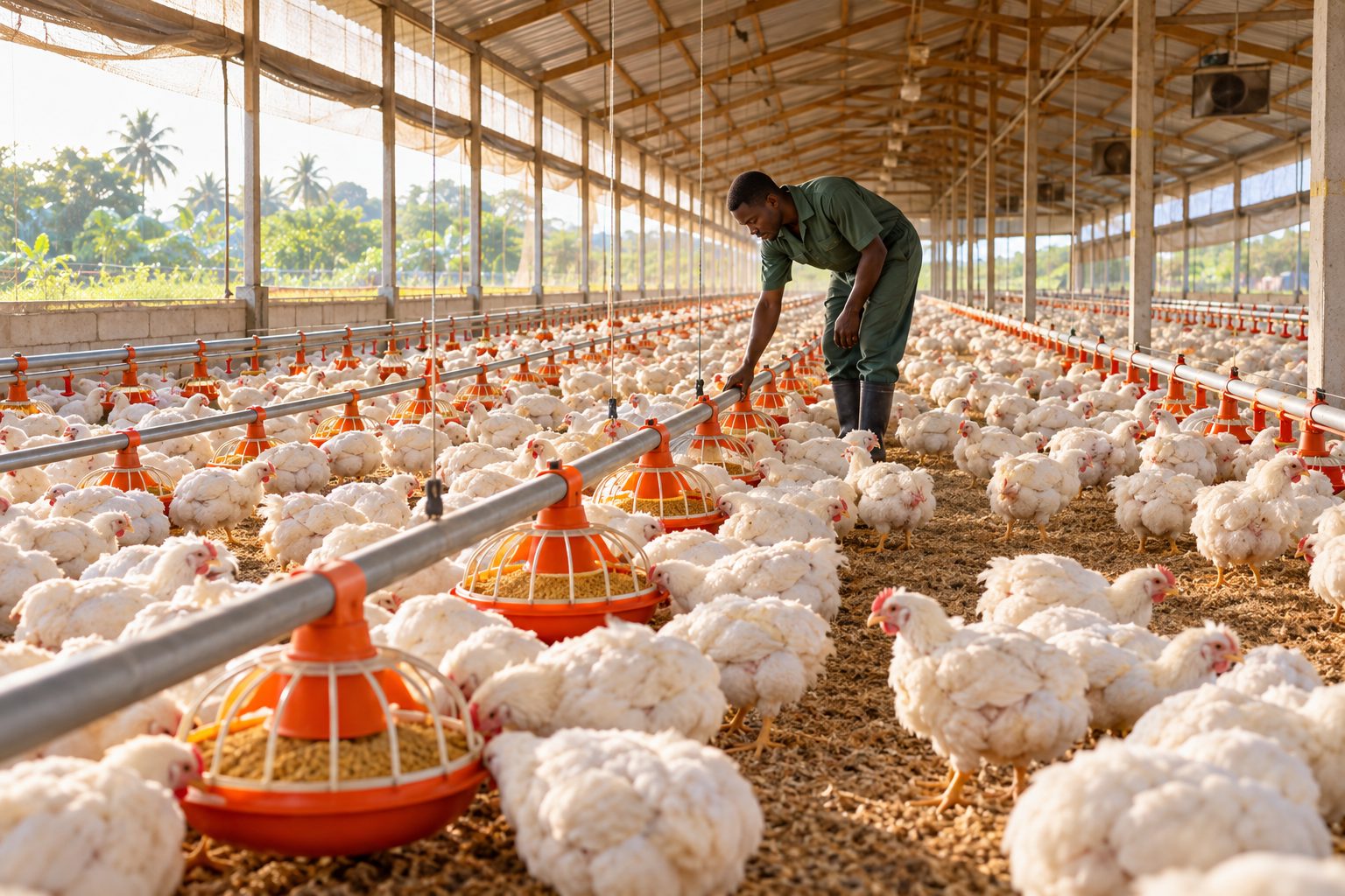 A farmer checks a feeder in a large, clean poultry house full of white broiler chickens.