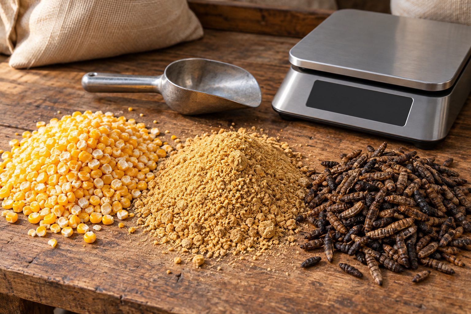 Three poultry feed ingredients on a workbench: cracked maize, soybean meal and dried black soldier fly larvae, with a scoop and a scale.