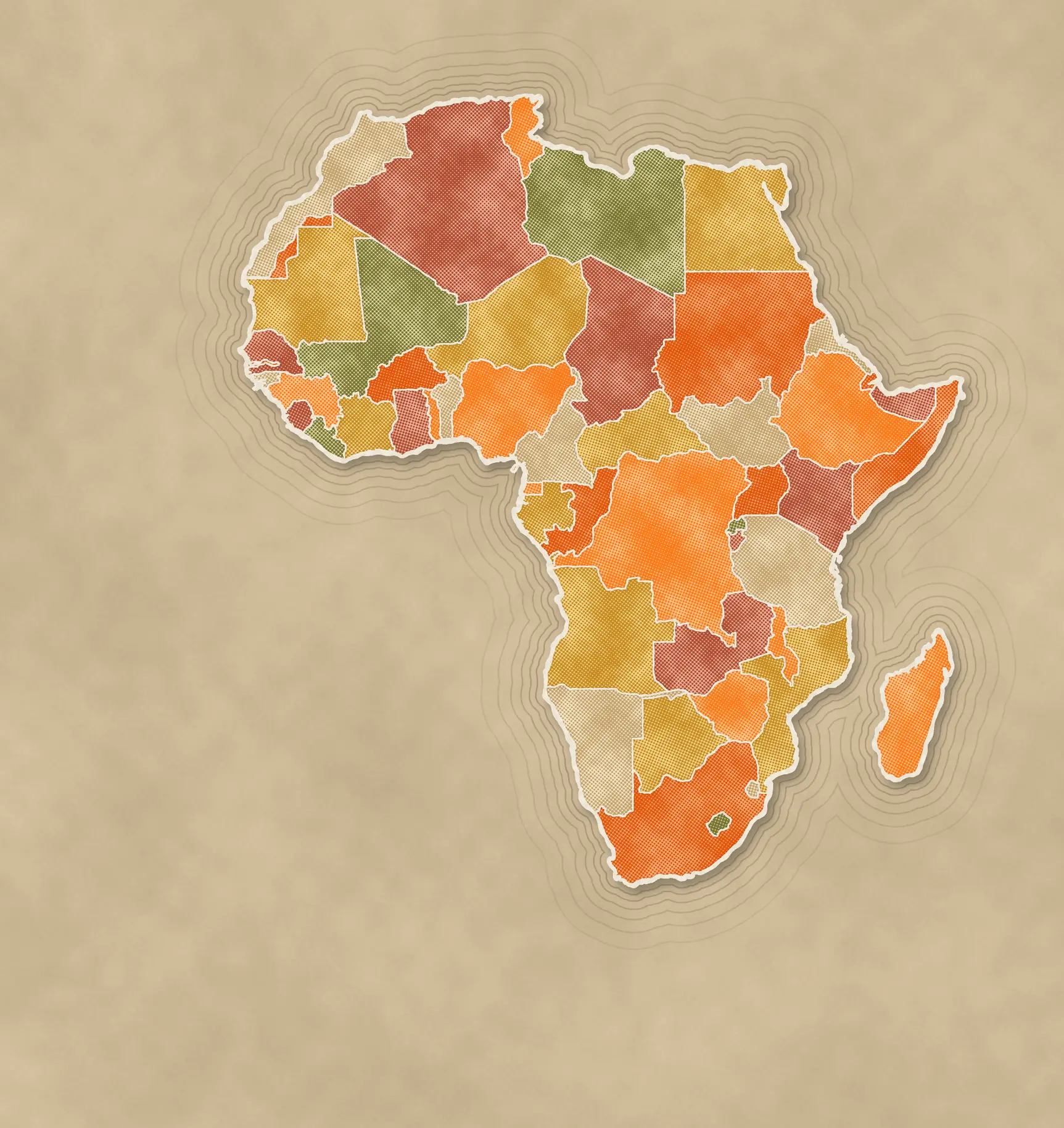 Africa on kraft paper: every country a printed paper clipping, with its main road, rail and power corridors laid on as paper tape and the ports they serve pinned.