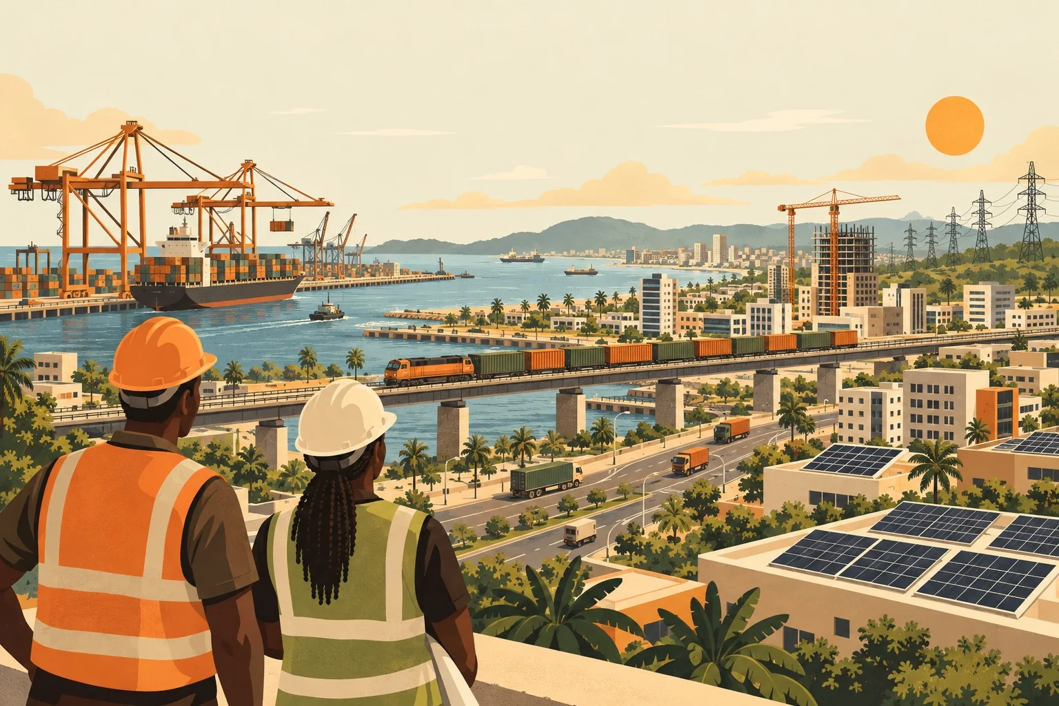 Two builders in hard hats look out over a coastal city: cranes loading a ship, a freight train on a new bridge, solar roofs and power lines.